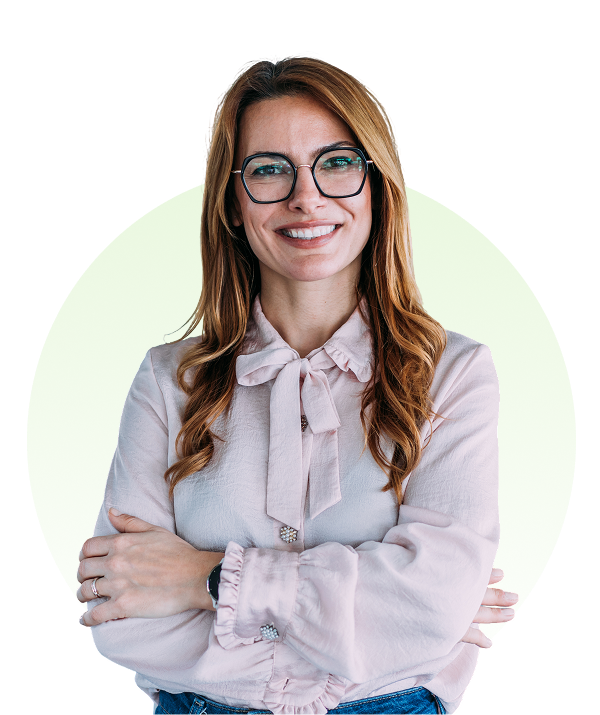 Happy woman posing against light circle background